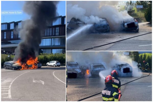 Trei mașini distruse de flăcări, în parcarea Castelului Corvinilor